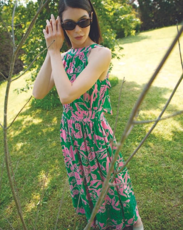 Vestito scollo all'americana verde e fucsia Milva Mi